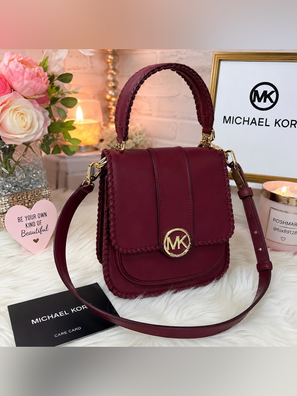 Michael Kors Wine Leather Crossbody with Gold MK Emblem